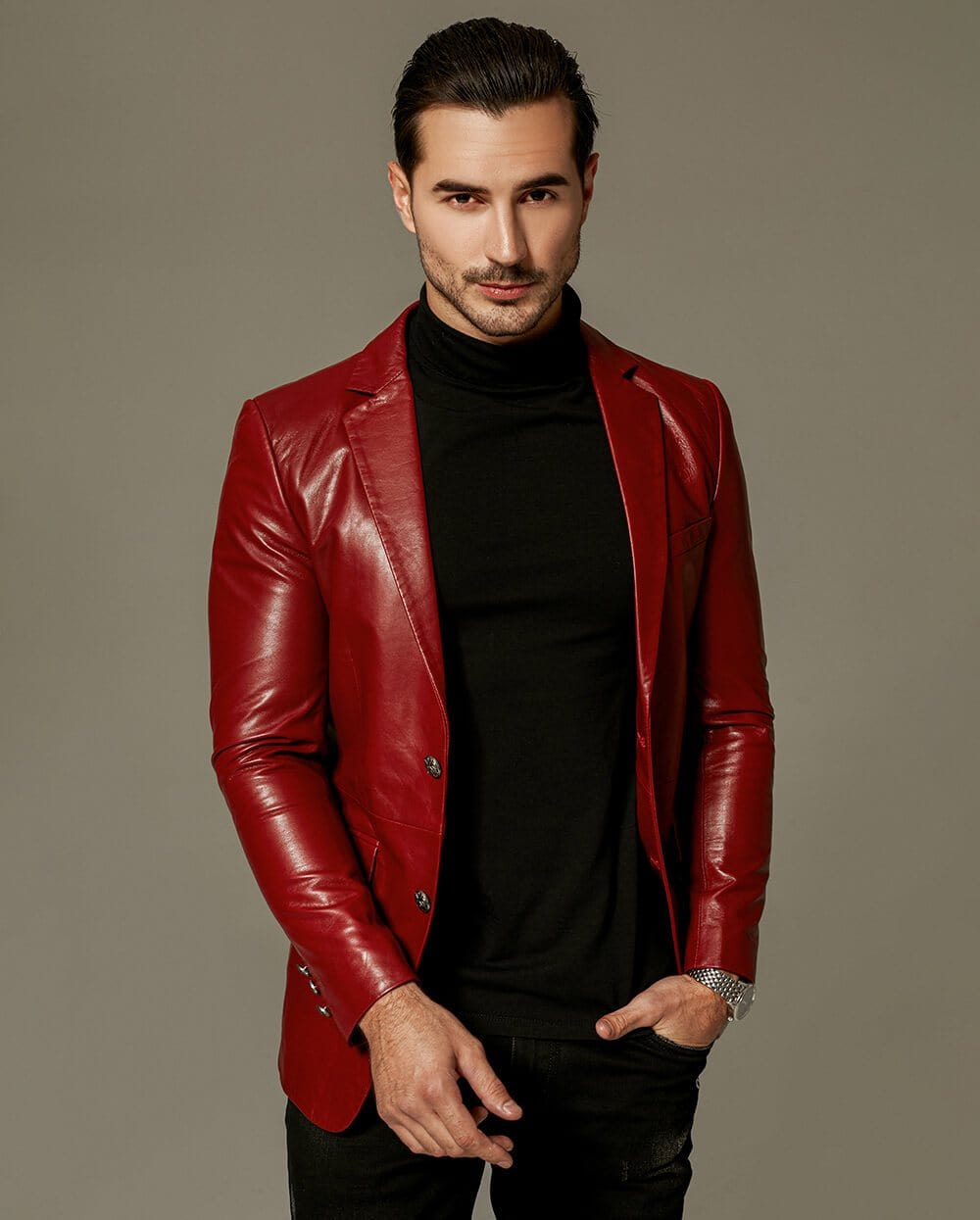Classic Red Buttoned Goatskin Blazer Leather Jacket