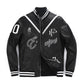 Black Embroidery Patched Genuine Leather Varsity Letterman Bomber Jacket