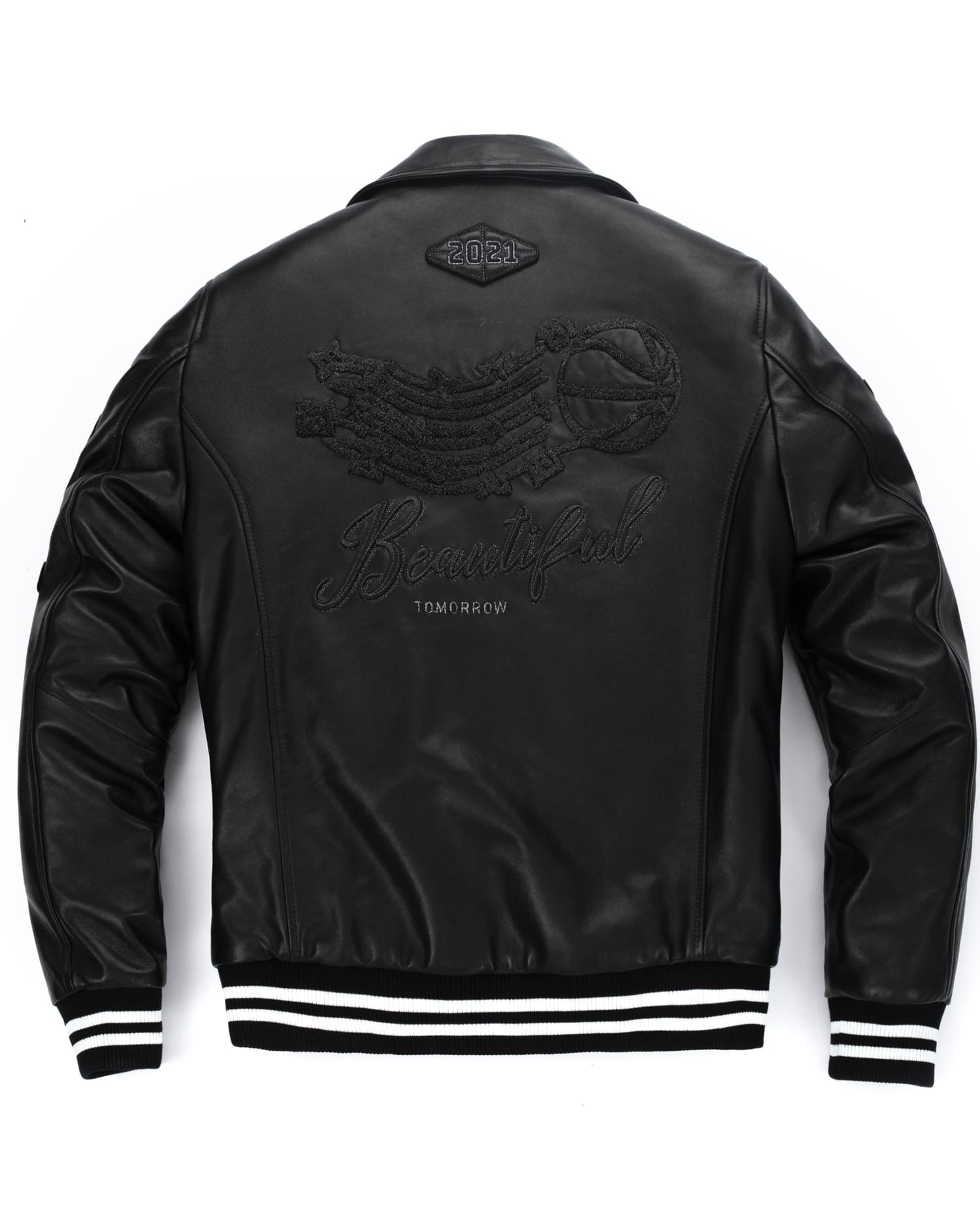 Black 3D Embroidery Patched Lambskin Moto Biker Leather Jacket