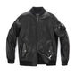 Black Print Patch Simple Goatskin Leather Bomber Jacket