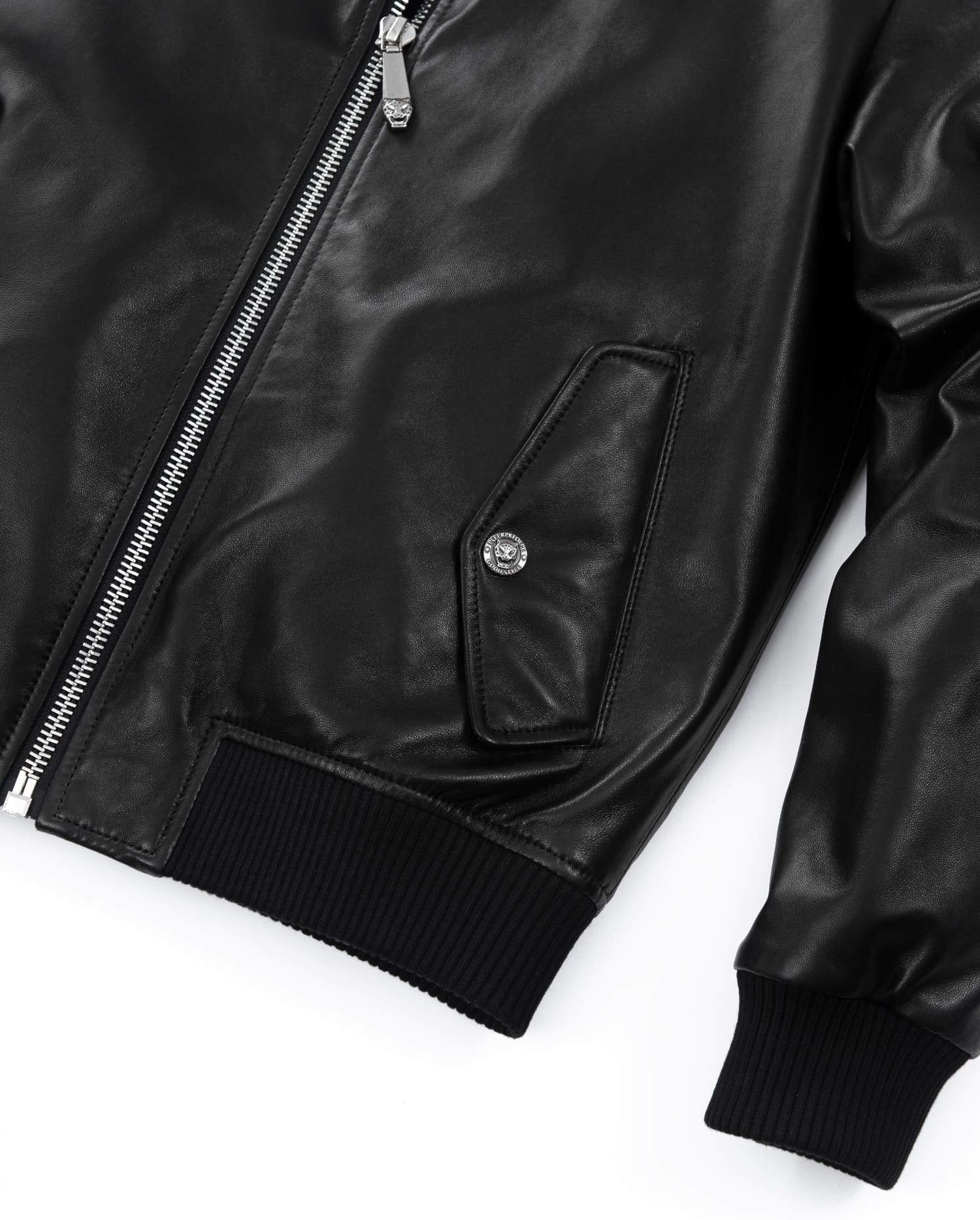 Black 3D Print Patch Goatskin Bomber Leather Jacket