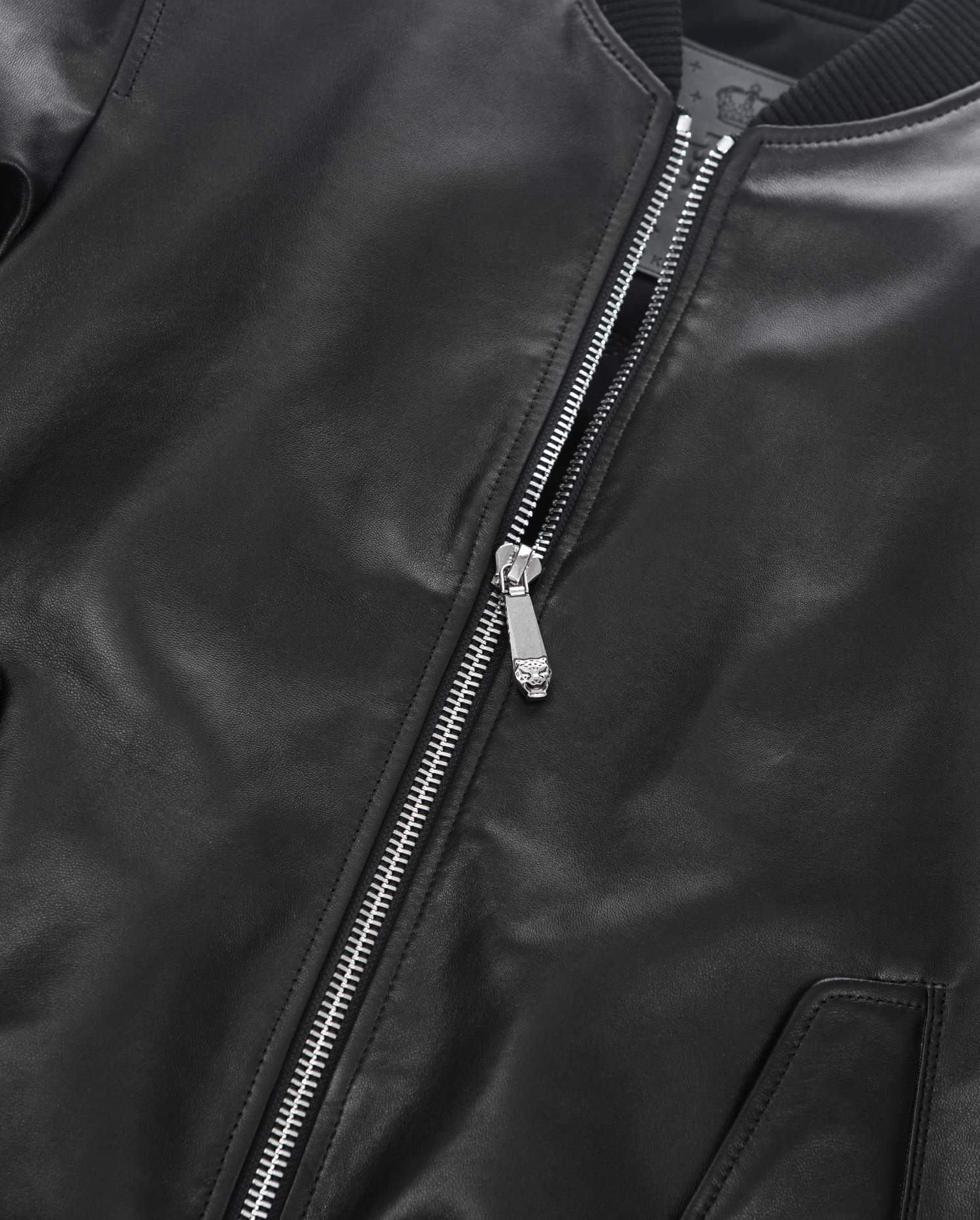 Black 3D Print Patch Goatskin Bomber Leather Jacket