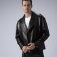 Black Belted Leather Motorcycle Biker Jacket with Embossing Letter