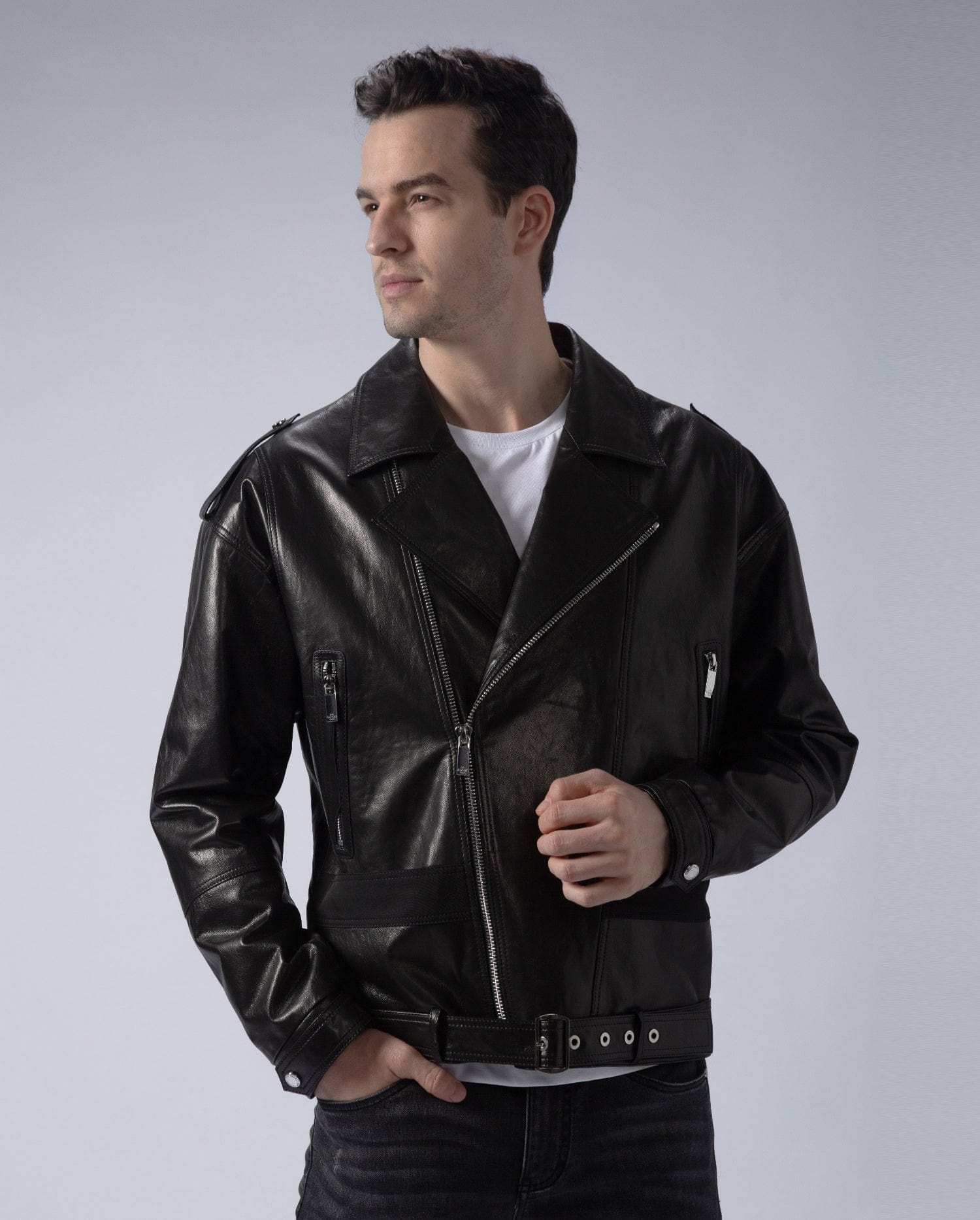 Black Belted Leather Motorcycle Biker Jacket with Embossing Letter