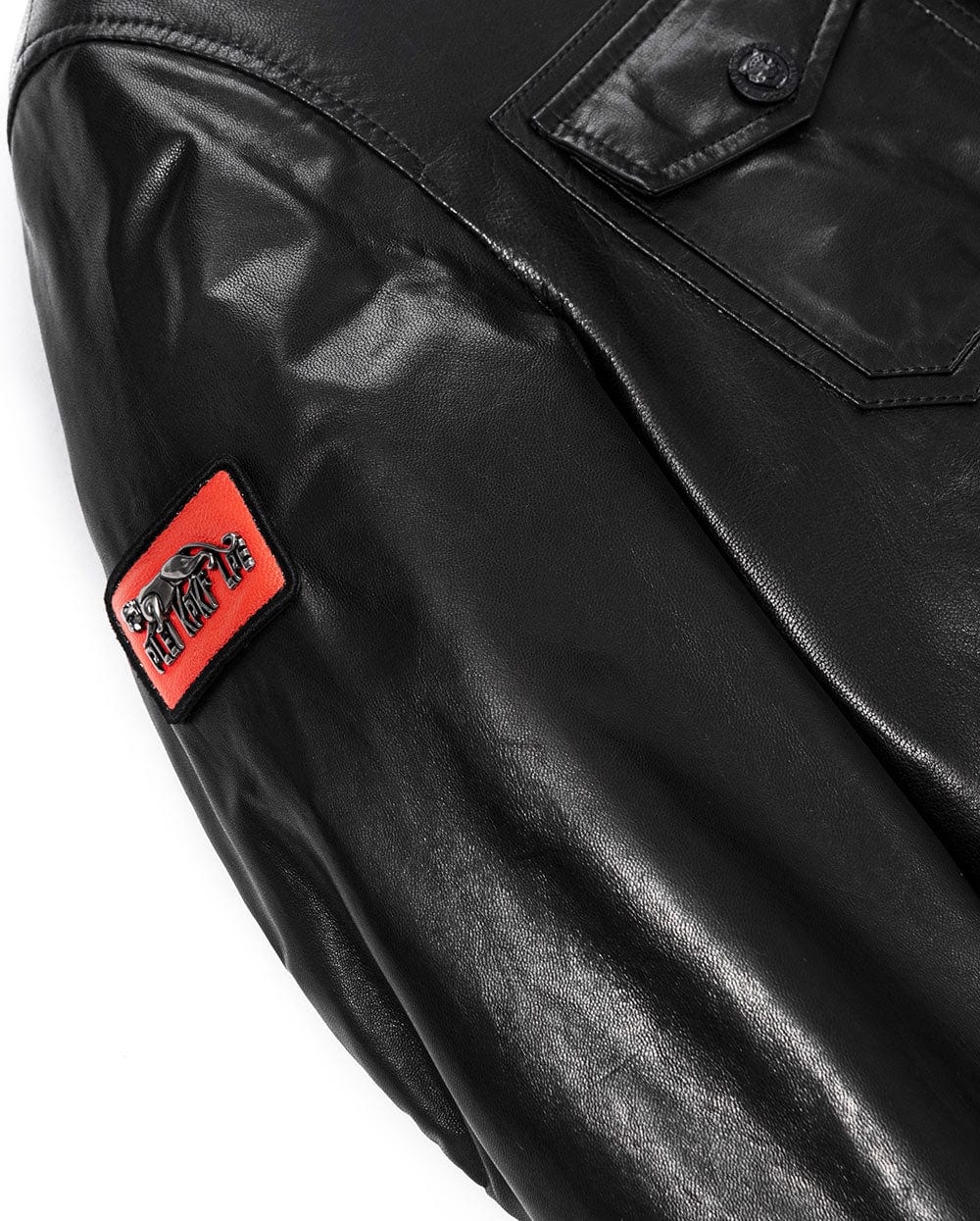 Black Crystal Patched Genuine Leather Bomber Jacket