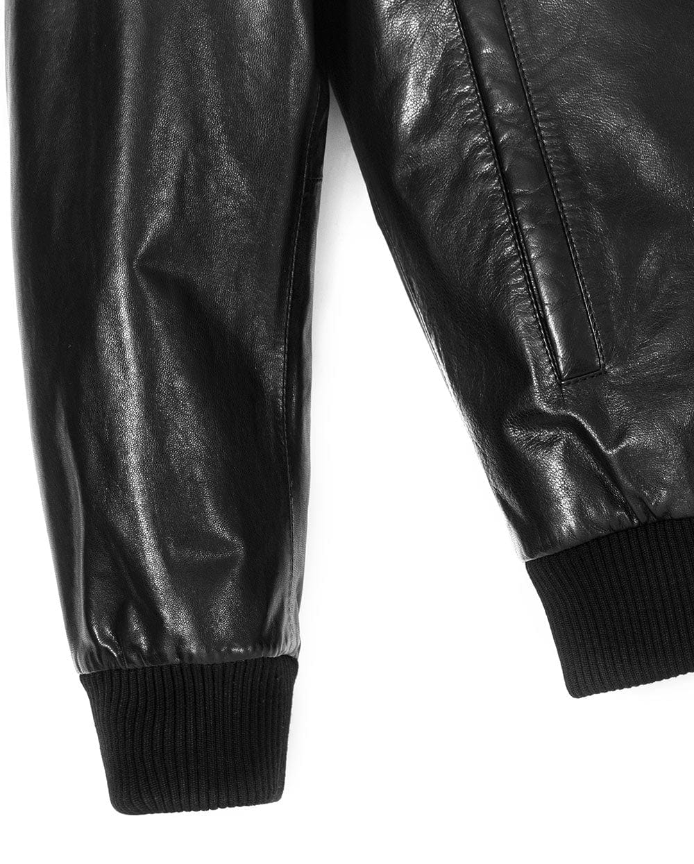Black Crystal Patched Genuine Leather Bomber Jacket