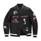 Black Embroidery Patched Varsity Lettermen Lambskin Leather Bomber Jacket
