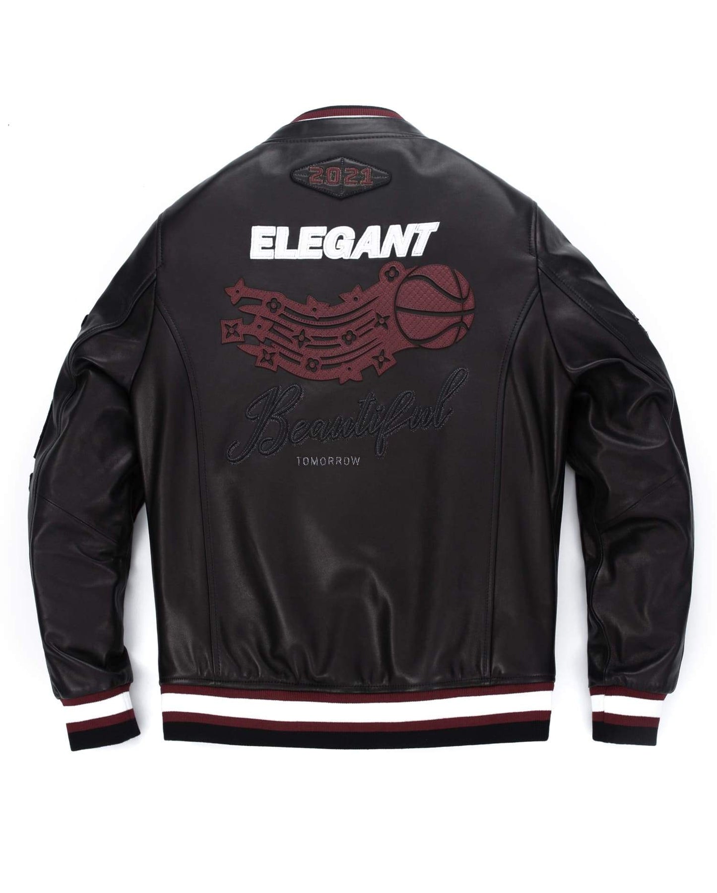 Black Embroidery Patched Varsity Letterman Lambskin Leather Jacket