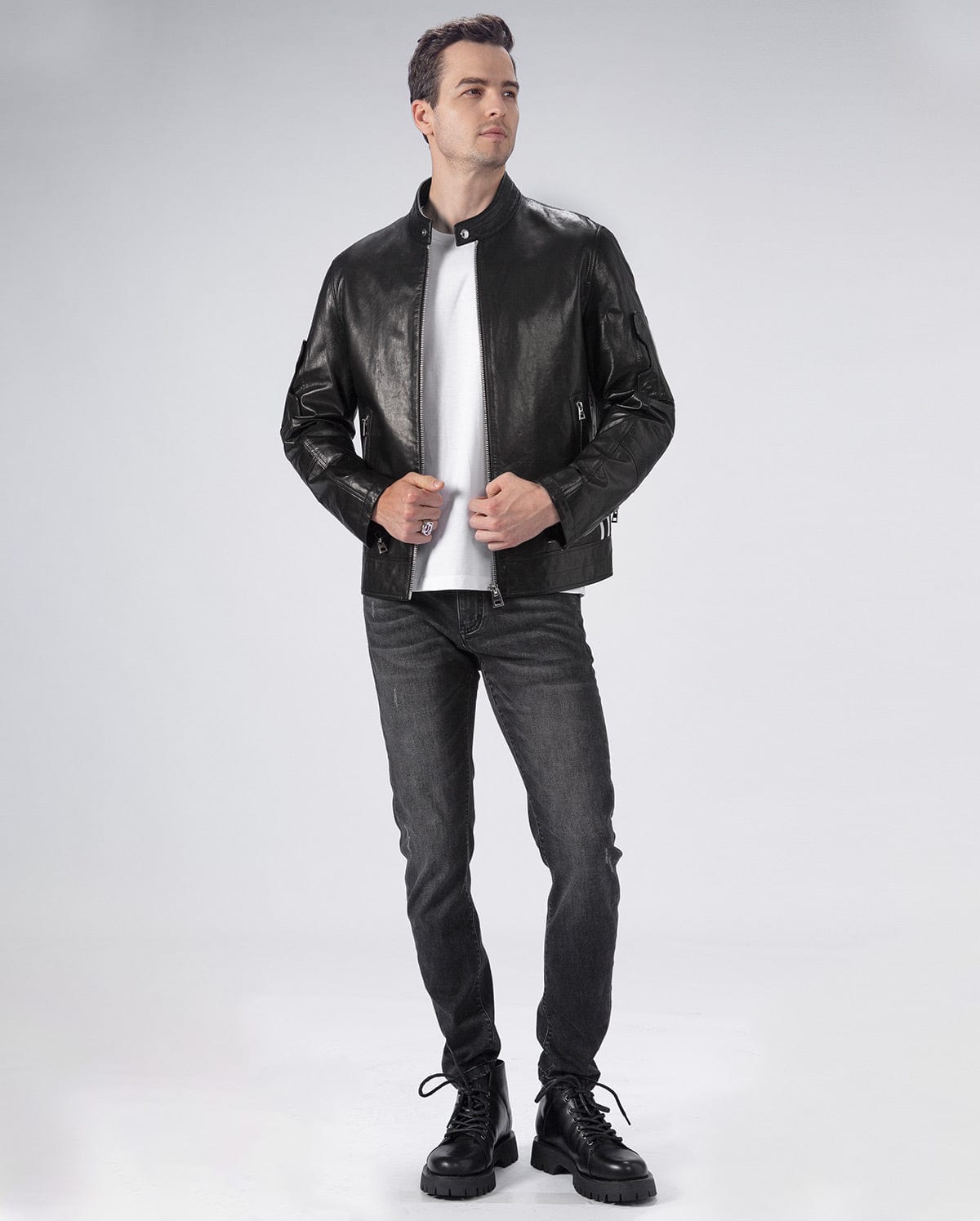 Classic Black Band Quilted Leather Racer Jacket