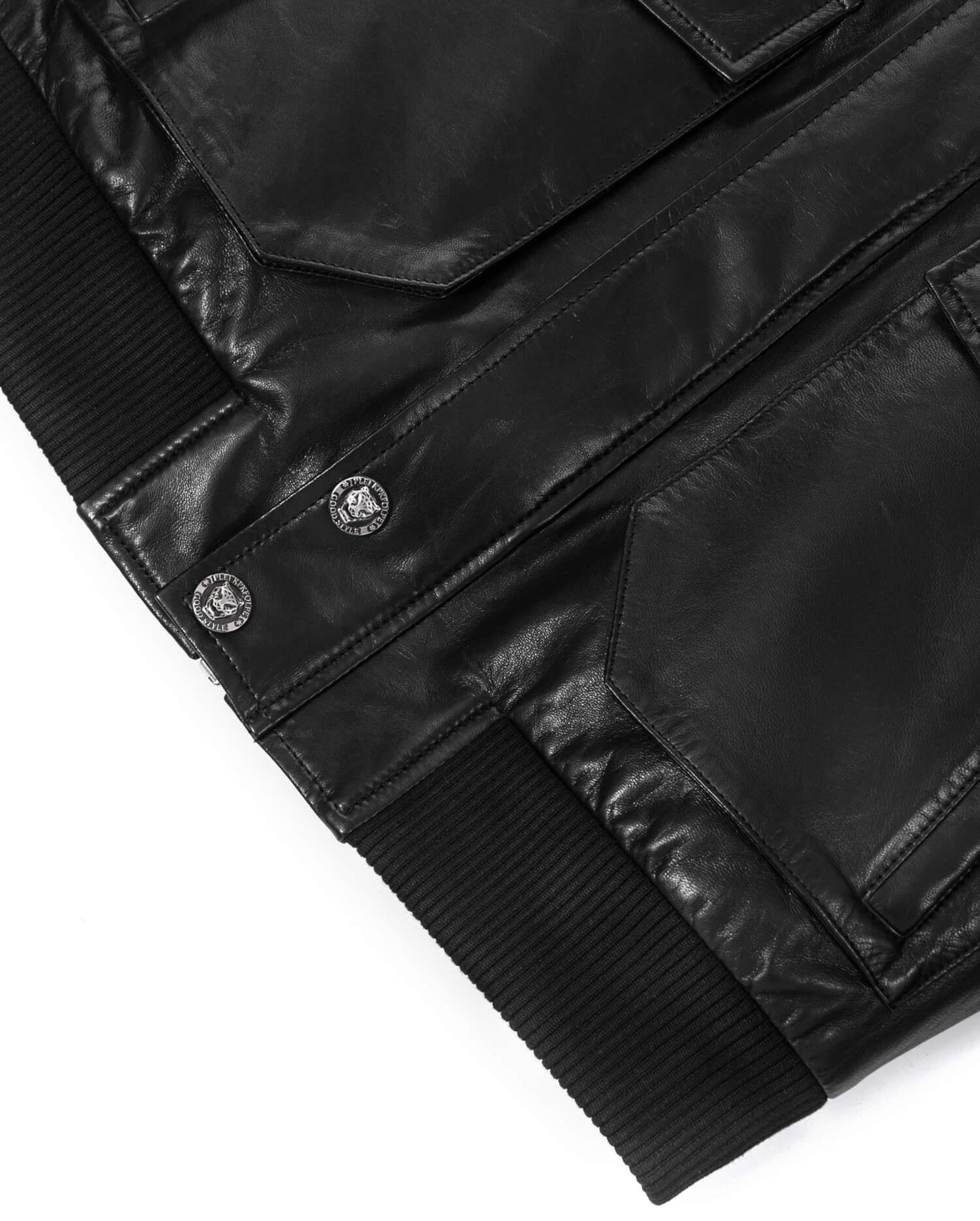 Black Patched Fur Collar Genuine Leather Bomber Jacket