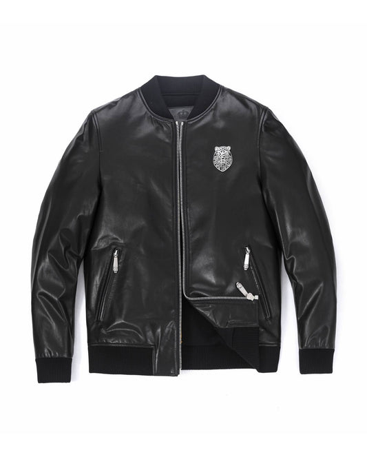 Black Pattern Patched Genuine Varsity Leather Bomber Jacket