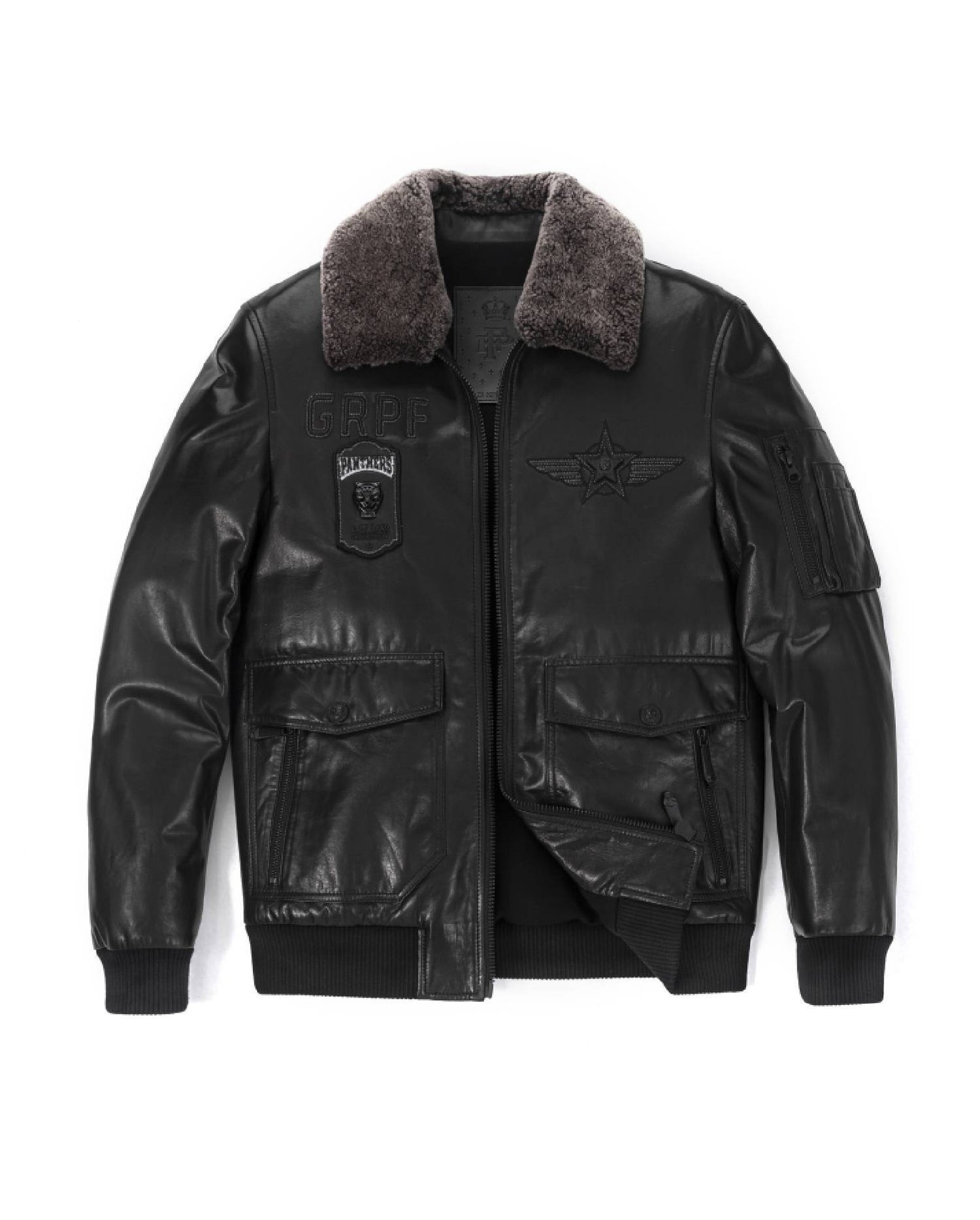 Black Pattern Patches Fur Collar Air Force Leather Jacket