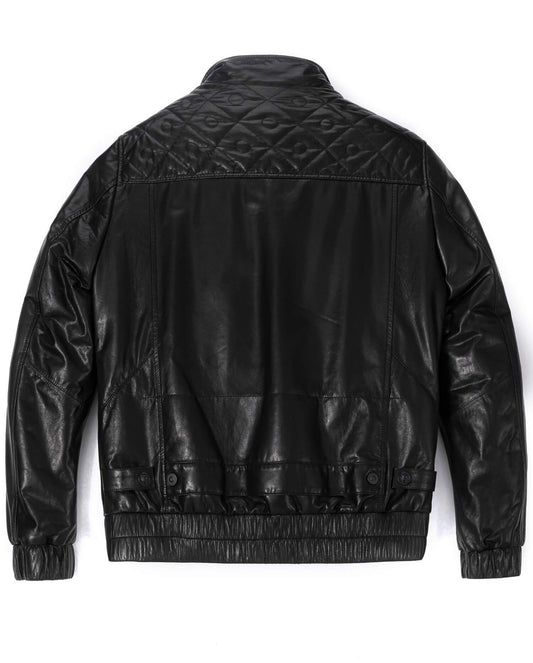 Black Quilted Genuine Leather Bomber Jacket