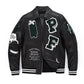 Black Quilted Lambskin Embroidery Patched Leather Bomber Jacket