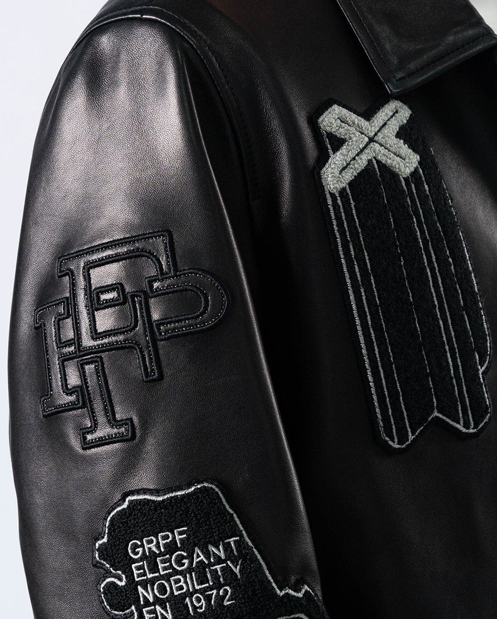 Black Quilted Lambskin Leather Letterman Varsity Bomber Jacket