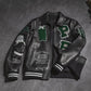 Black Quilted Lambskin Embroidery Patched Leather Bomber Jacket
