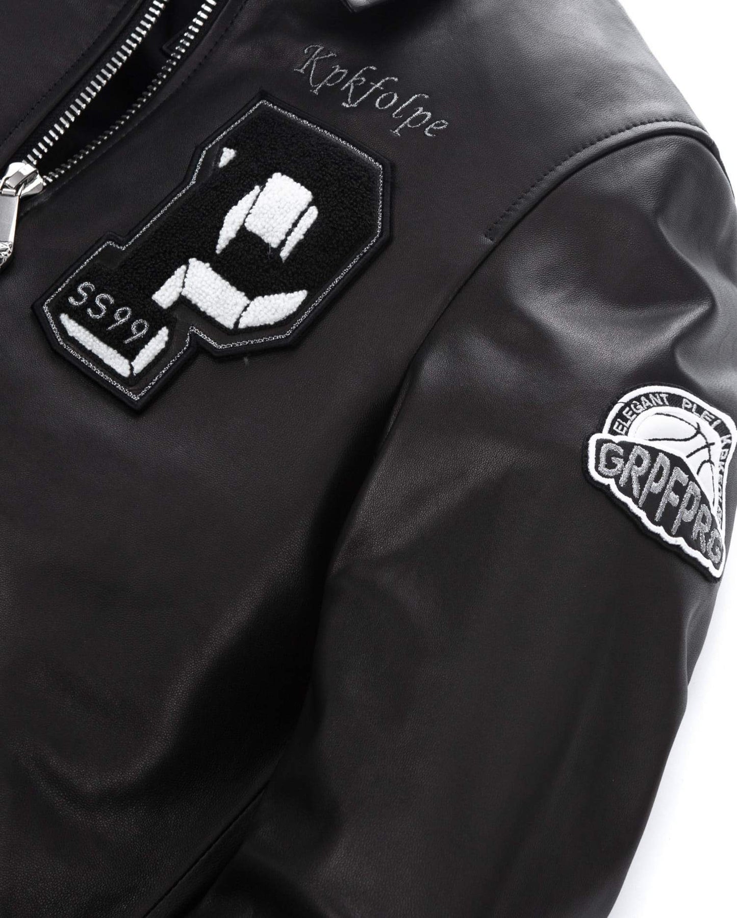 Black Shirt Collar Vintage Streetwear Designed Patches Leather Jacket