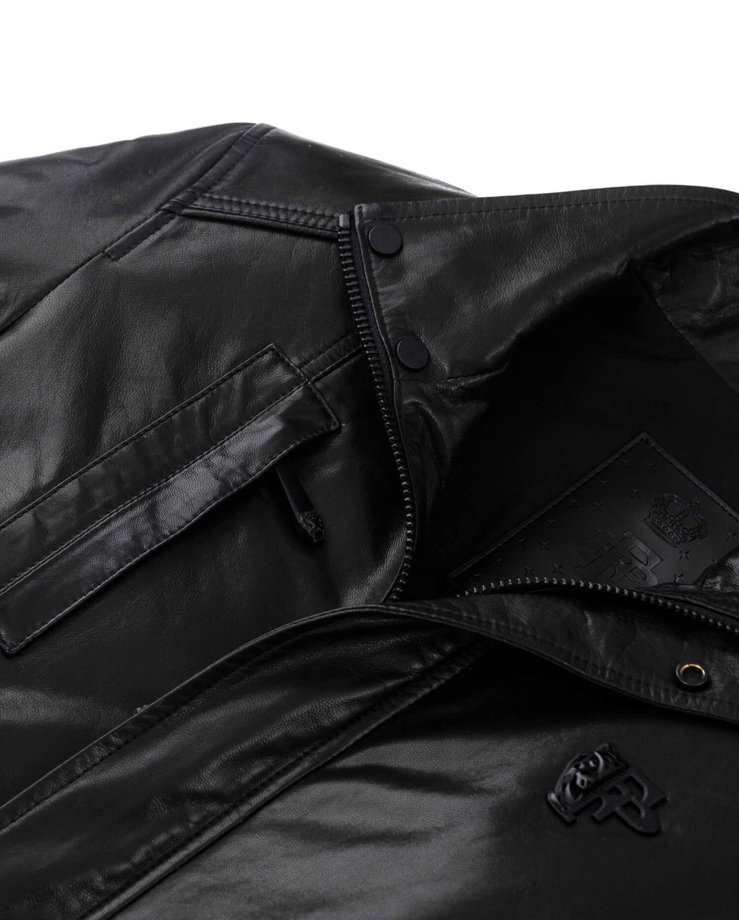 Black Slogan Embroidery Patches Genuine Leather Bomber Jacket