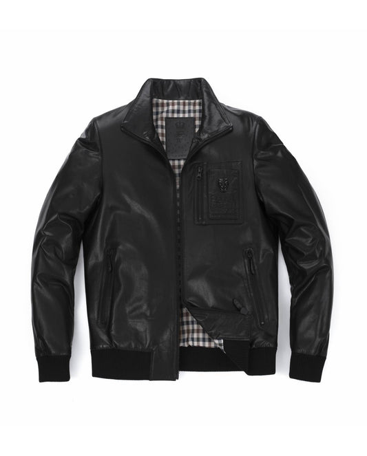 Black Stand Collar Patched Genuine Leather Bomber Jacket