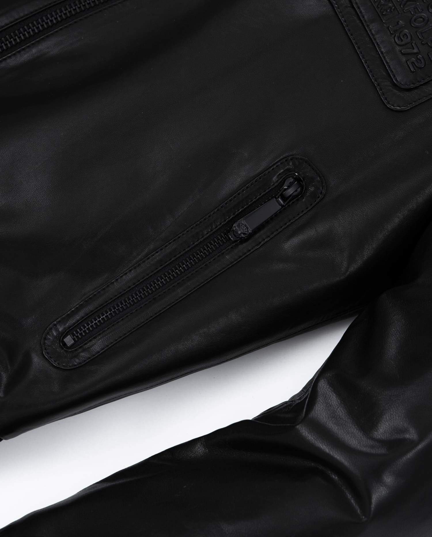 Black Stand Collar Patched Genuine Leather Bomber Jacket