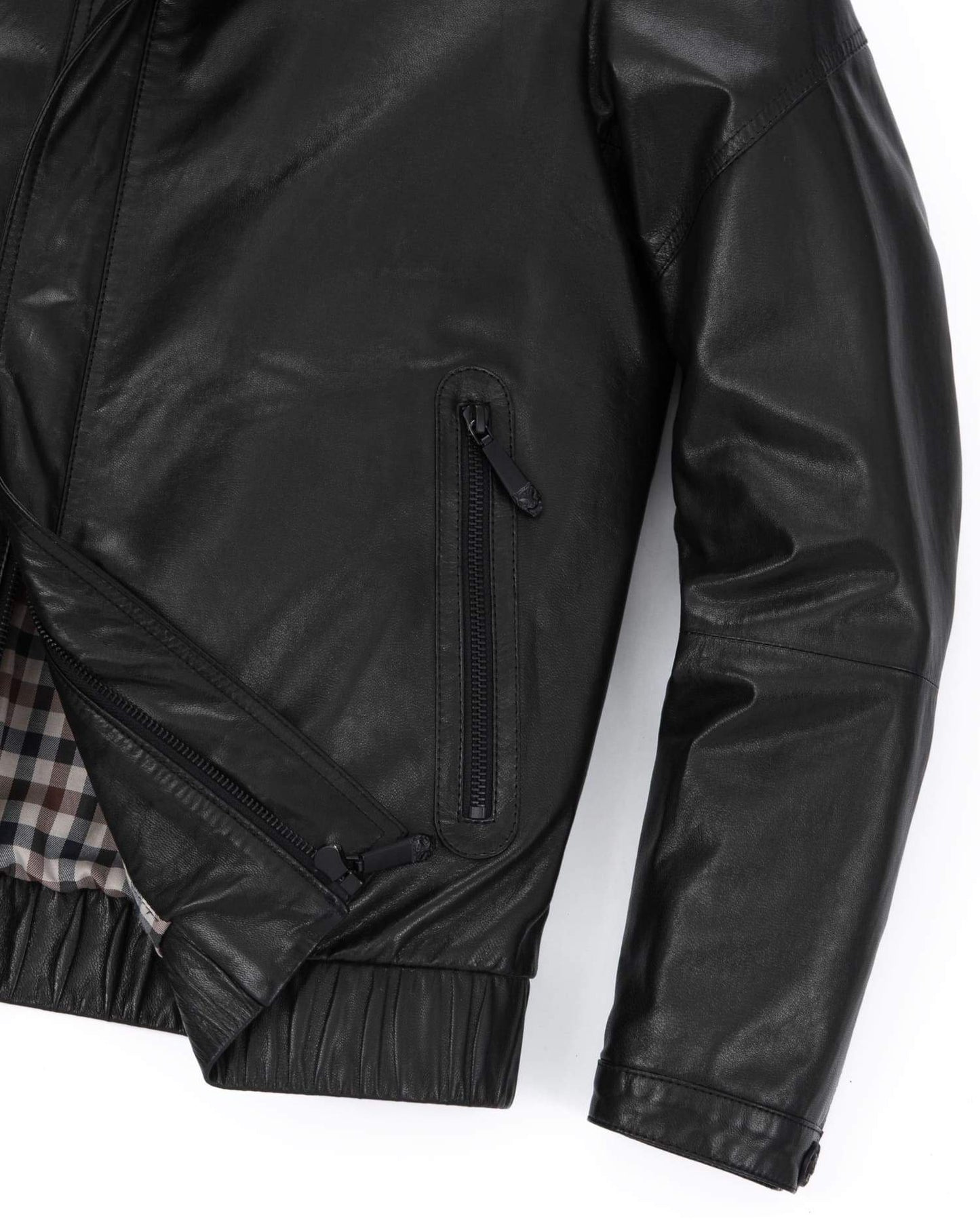 Black Structured Shirt Collar Patched Leather Bomber Jacket