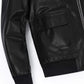 Black Wool Fur Collar Embroidery Patched Leather Bomber Jacket
