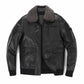 Black Wool Fur Collar Patched Leather Bomber Jacket