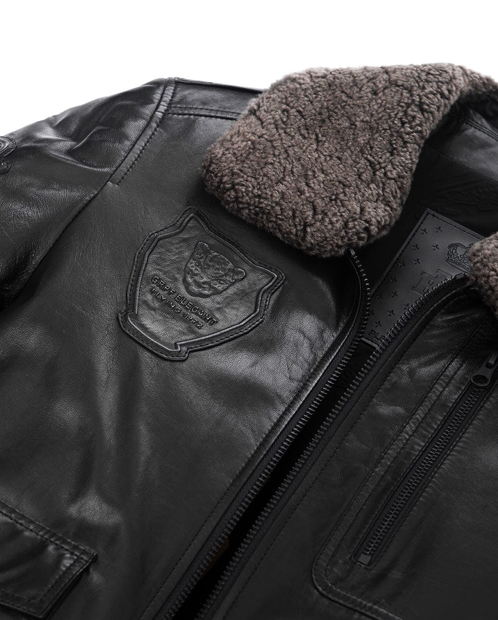 Black Wool Fur Collar Patched Leather Bomber Jacket