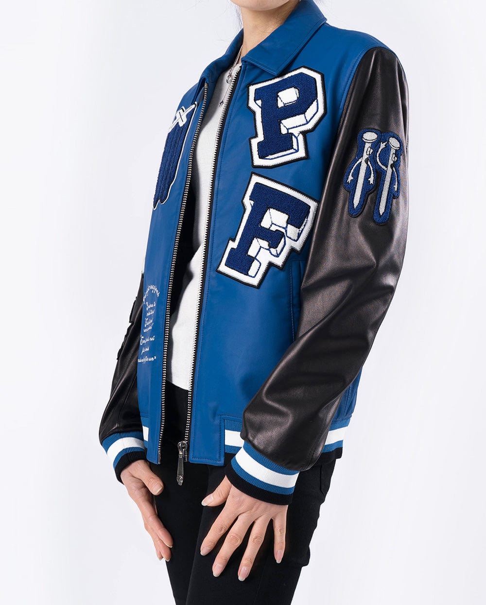 Blue-Black Embroidery Patched Lambskin Leather Varsity Bomber Jacket