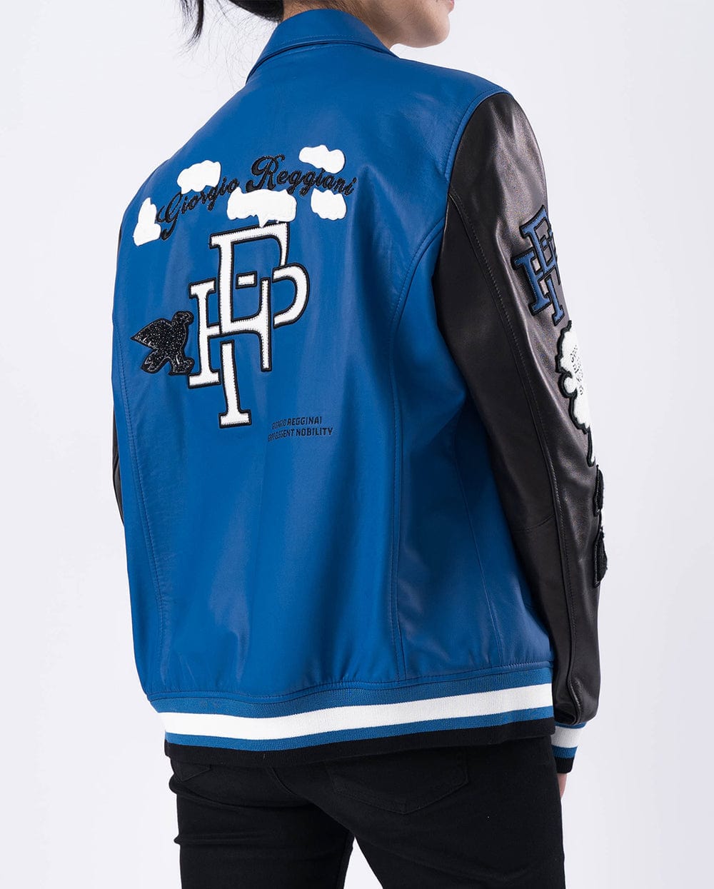 Blue-Black Embroidery Patched Lambskin Leather Varsity Bomber Jacket