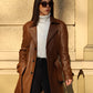 Brown Embossment Logo Genuine Leather Long Trench Coat