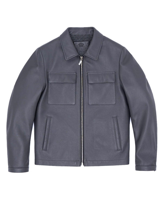 Grey Classic Zip-up Leather Trucker Jacket