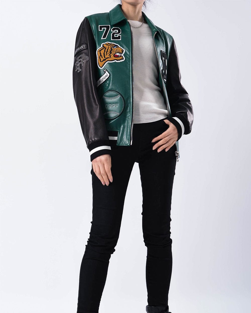 Embroidery Patched Lambskin Leather Bomber Varsity Jacket