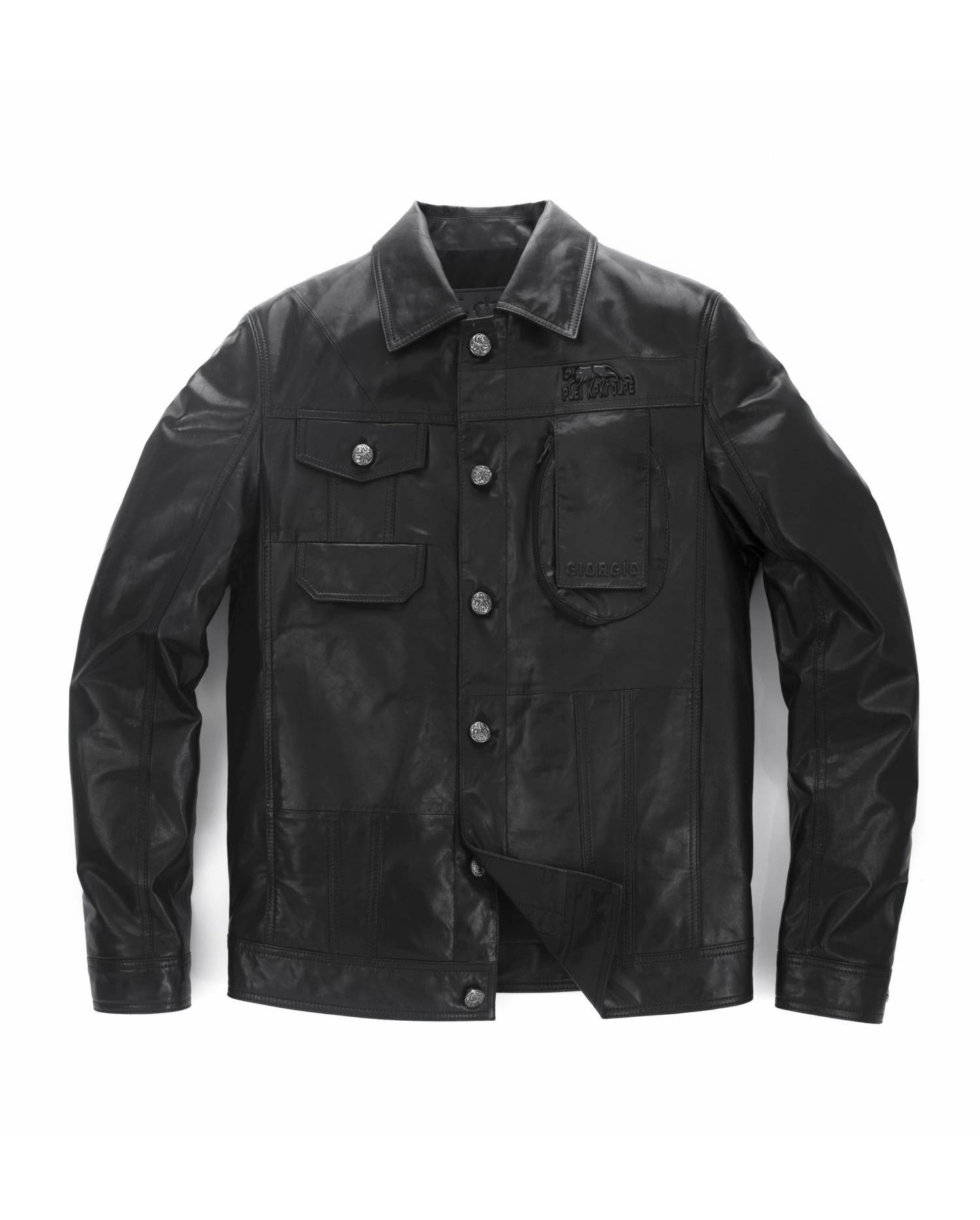 High Fashion Sturctured Bottoned Shirt Collar Genuine Leather Jacket