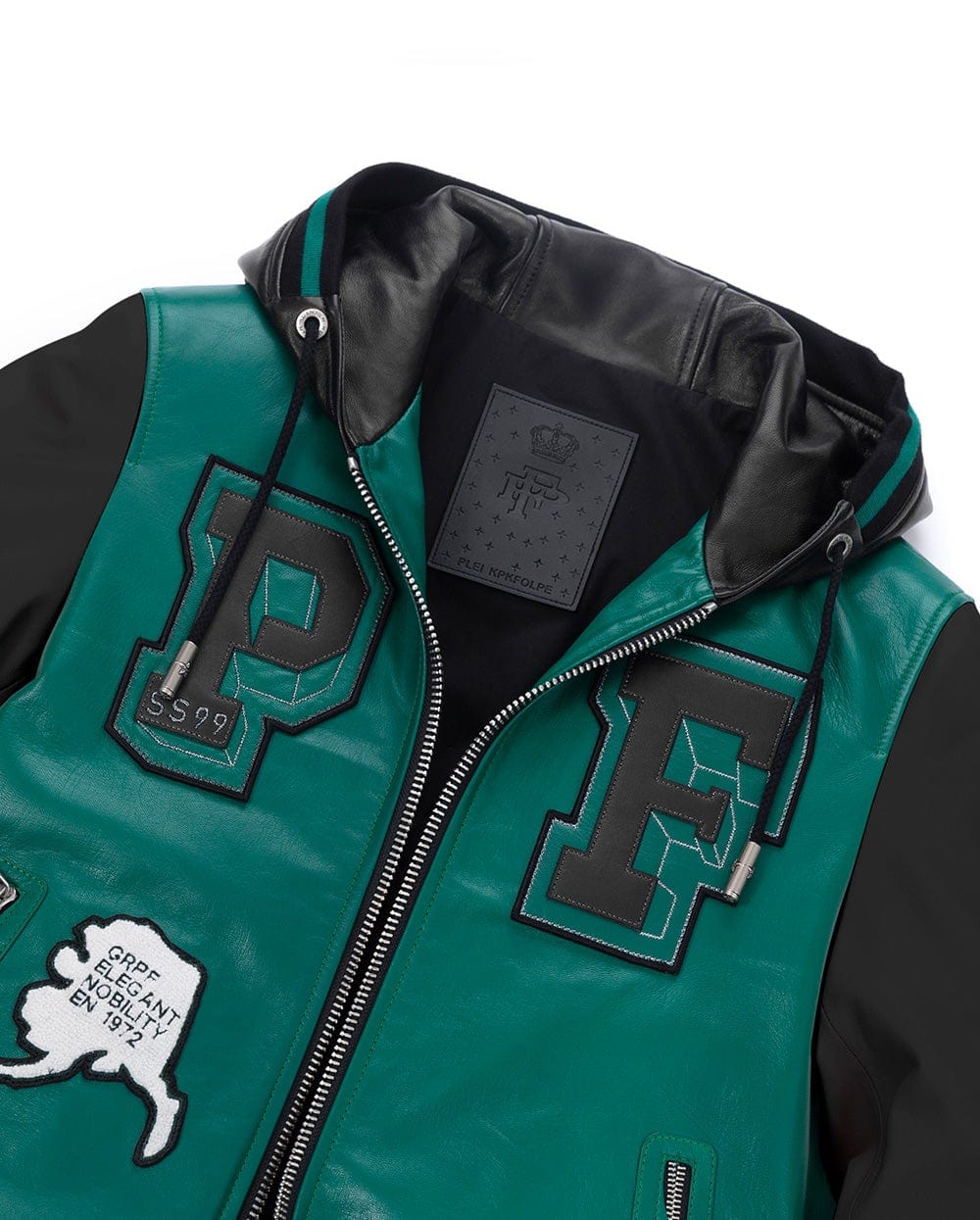 Hooded Color Splicing Designed Genuine Leather Bomber Jacket