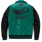Green Lambskin Embroidery Patches Genuine Leather Moto Biker Jacket