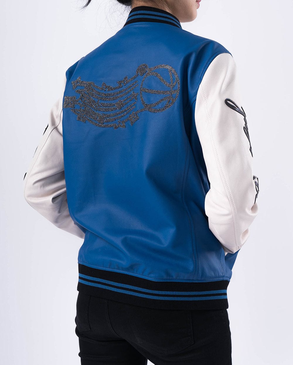 Lambskin Embroidery Patched Leather Letterman Varsity Bomber Jacket