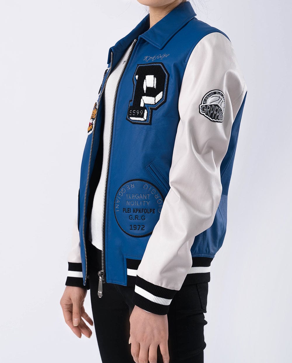 Lambskin Embroidery Pattern Patched Leather Letterman Varsity Bomber Jacket