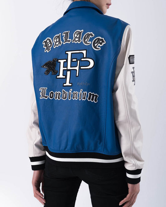 Lambskin Embroidery Pattern Patched Leather Letterman Varsity Bomber Jacket