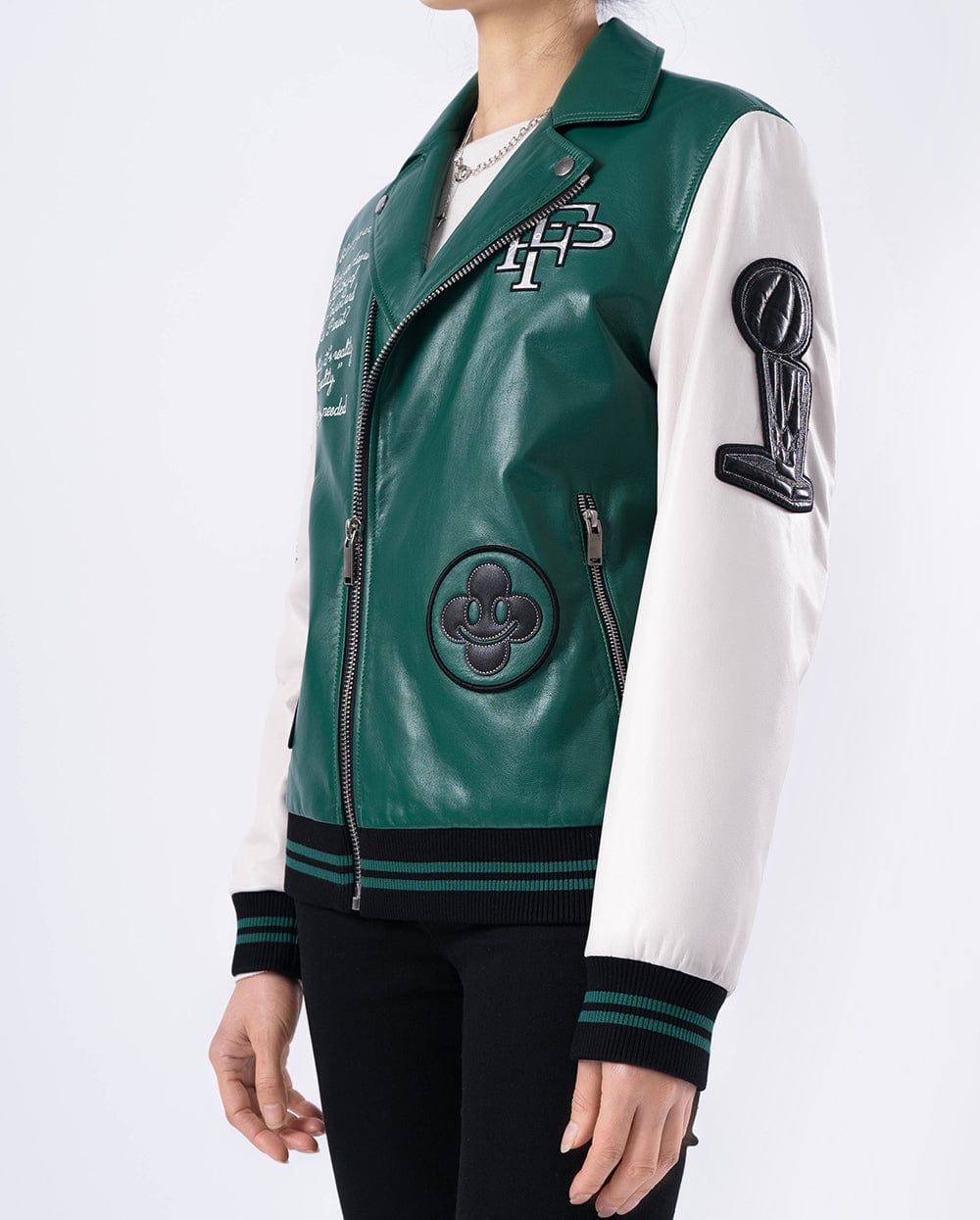 Lambskin Logo Embroidery Patched Genuine Leather Moto Biker Jacket