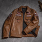Light Brown High Fashion Embroidery Patched Genuine Leather Bomber Jacket