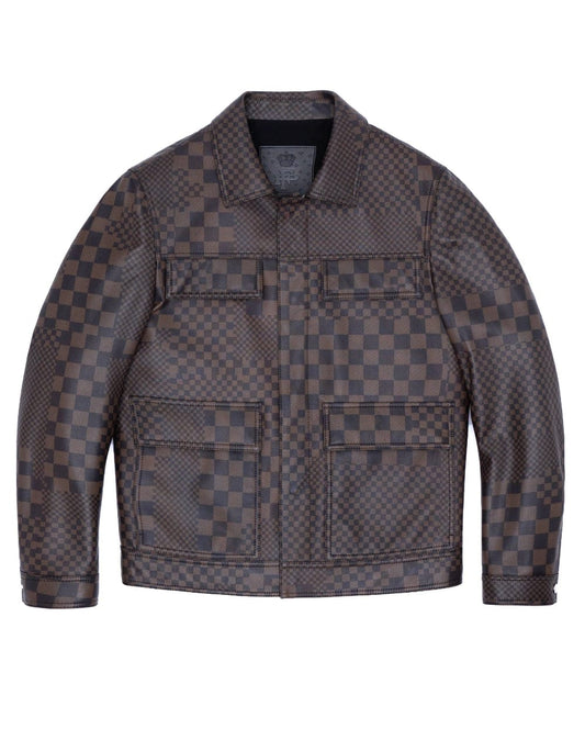 Brown Plaid Leather Trucker Jacket