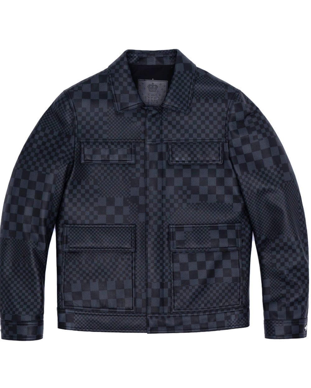 Navy Black Printed Plaid Leather Trucker Jacket