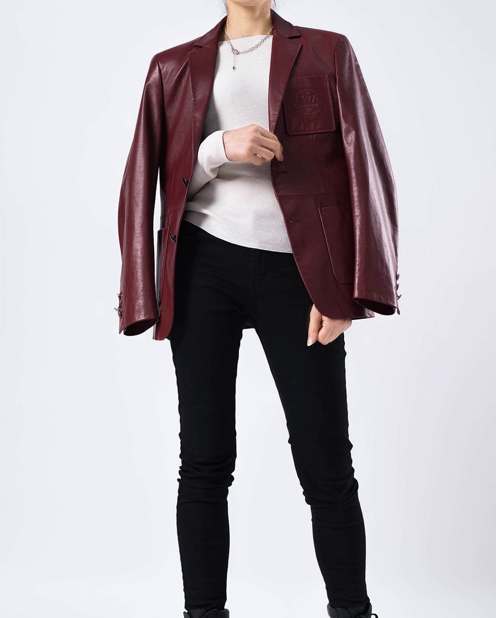 Red Pattern Patched Two Button Goatskin Leather Blazer Coat
