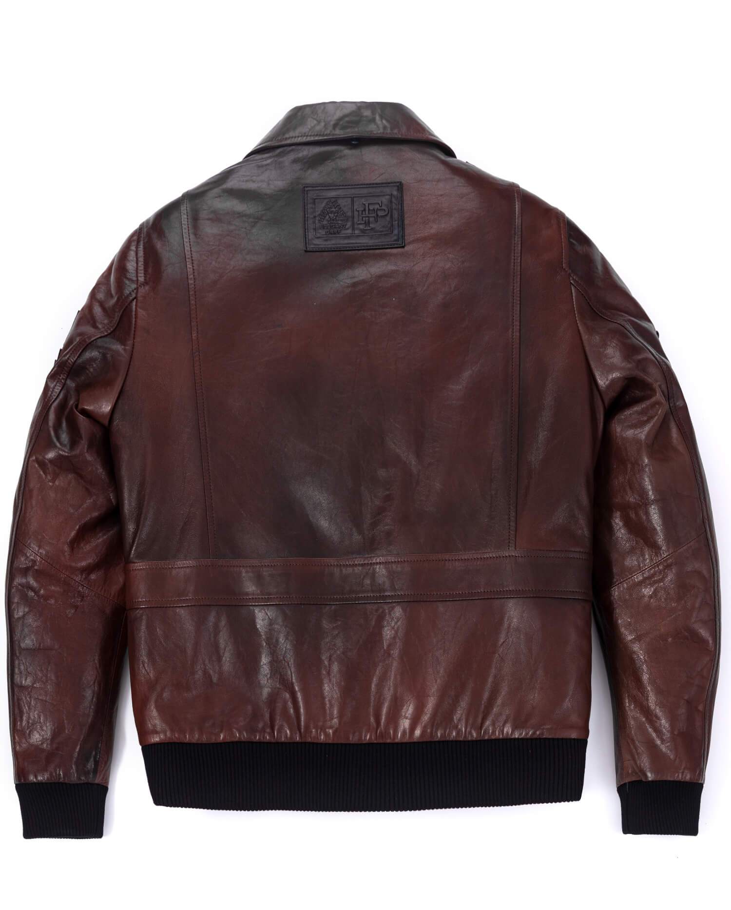 Shirt Collar Goatskin Patched Leather Bomber Jacket