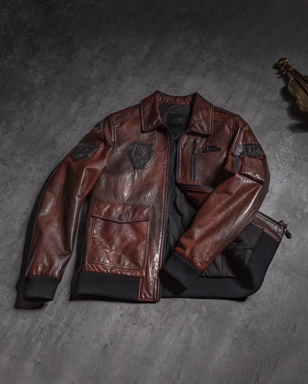 Brown Shirt Collar Patched Goatskin Leather Bomber Jacket