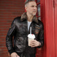 Black bomber leather jacket with fur collar