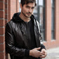 casual hooded bomber leather jacket