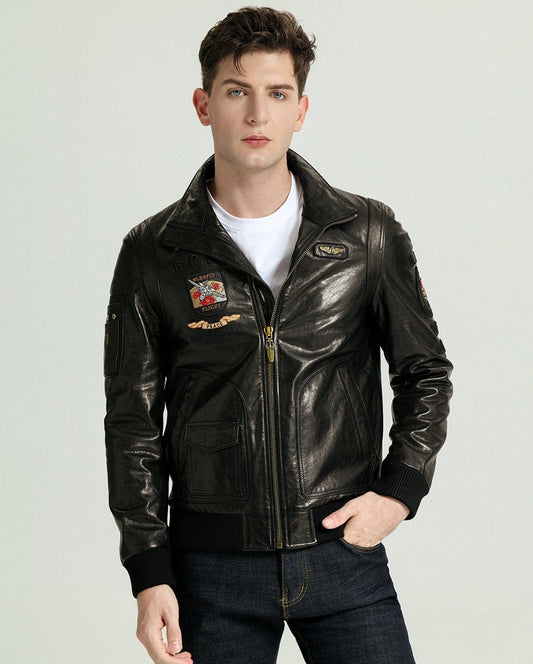 Embroidered Stand Collar Goatskin Leather Jacket