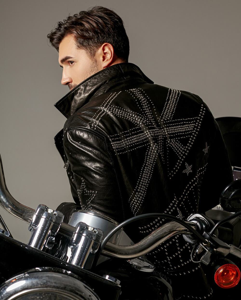 Rockstud Belted Moto Jacket with Unique Pattern
